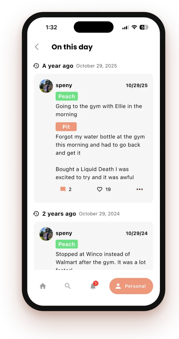 On this day screen showing posts from past years