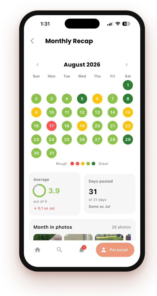 Monthly Recap screen with a color-coded calendar
